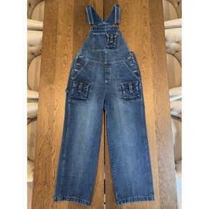 Disney Denim Overalls Adult Sz L Blue Med Wash Logo Buttons Heavyweight Pockets